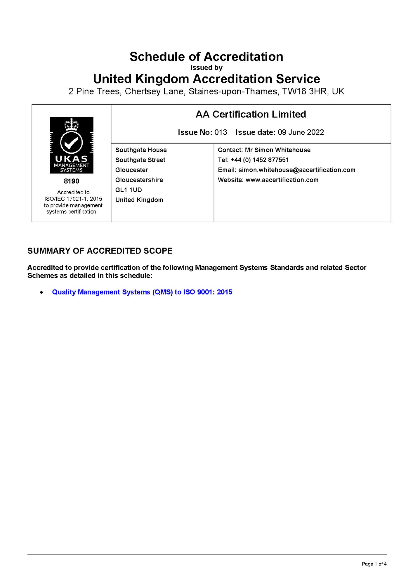 AA Certification - Scope of Accreditation 8190