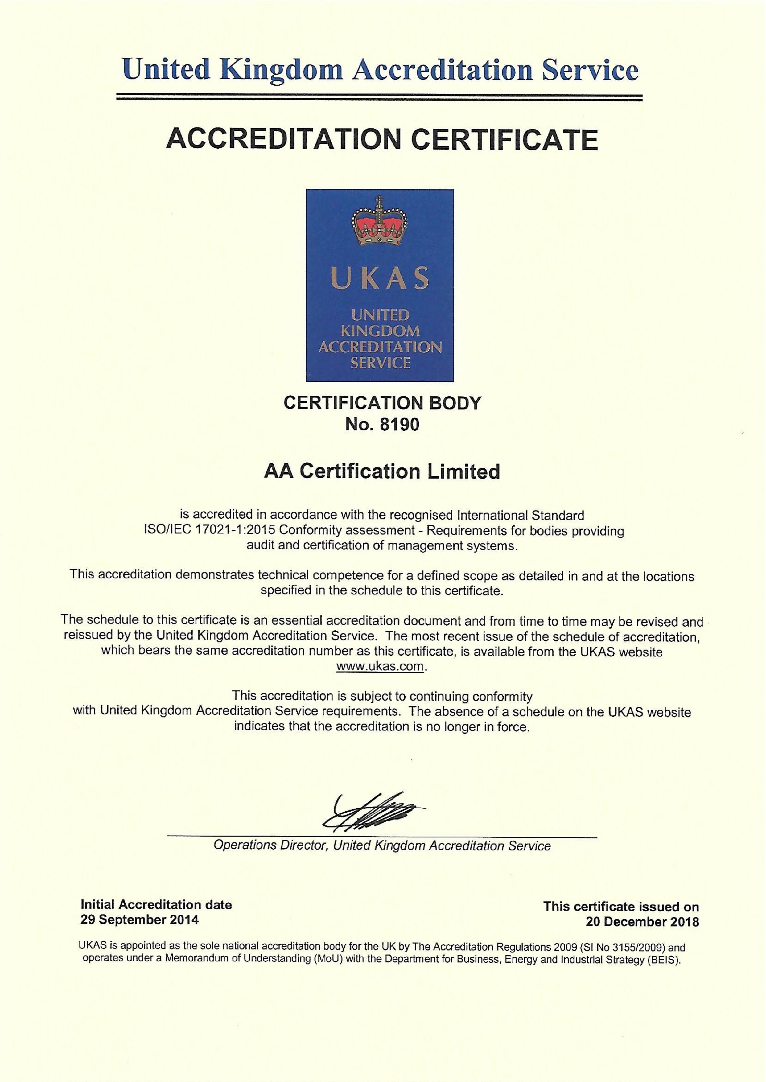 AA Certification Limited UKAS Certification AA Certification